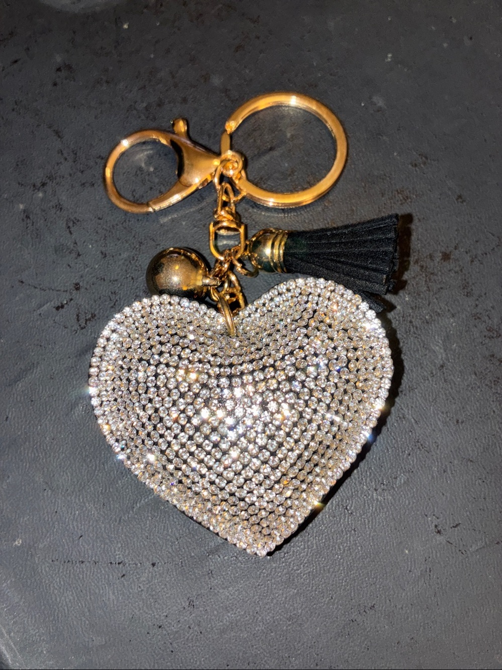 Gold Hardware Crystal Heart Keychain with Black Tassel